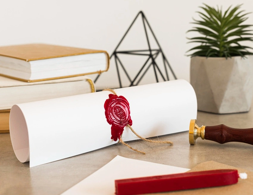 diplôme posé sur un bureau avec des livres empilés, un bâton de cire, un tampon